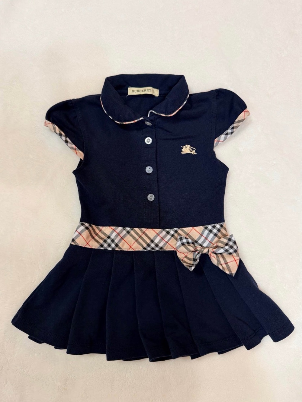Burberry Girls' Navy Polo Dress with Signature Check Trim